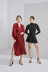 Long sleeve pleated midi silk dress with front slit and belted waist for elegant styling